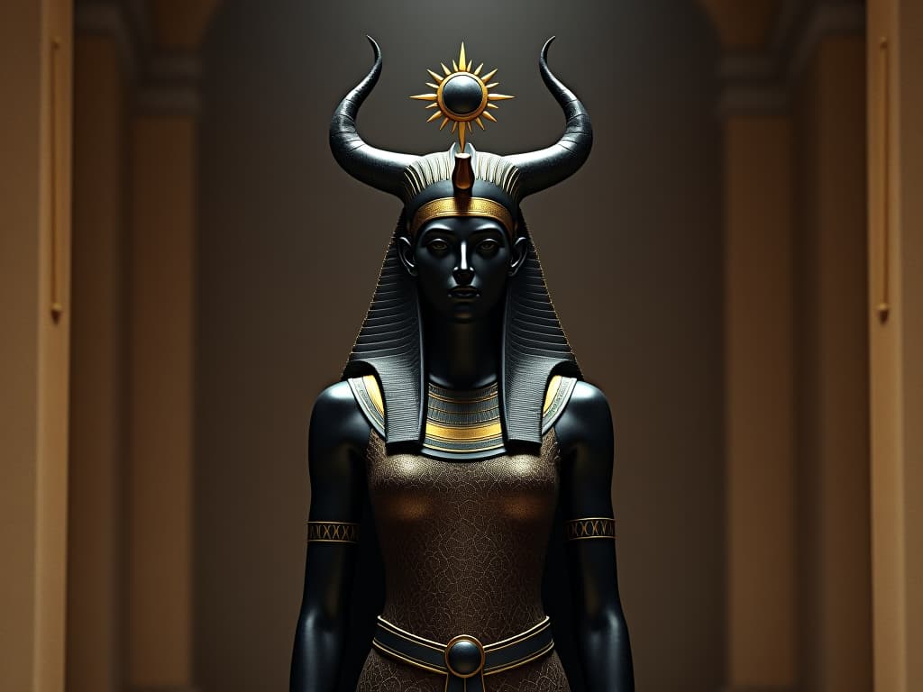  ancient egyptian goddess isis, regal and majestic, elaborate headpiece with solar disc and horns, standing in an ancient temple, mystical, reverent presence. the style is black magick and mysterious occult, symbolic, dark gothic sharply contrasting colors, esoteric vibe.