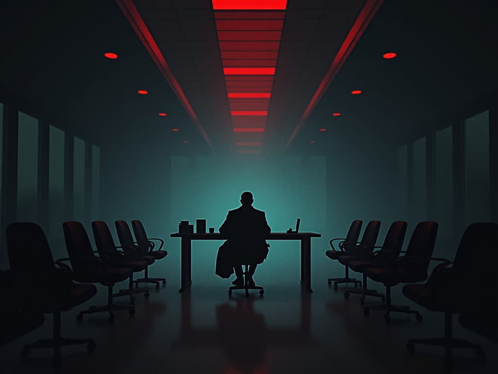  modern office, individual sitting alone at a desk, empty chairs around, dim ambient light, an air of isolation and mistrust.. the style is dark fantasy and mysterious occult, symbolic, moody lighting, esoteric vibe,high detail on character design. for the color scheme emphasize blacks and reds.