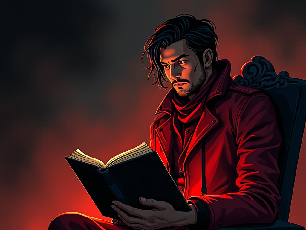  colleague in red contemplating goals, journal in hand, reflective expression, mood of reevaluation and change. the style is digital art illustration / modern comic book / graphic dark novel fantasy and mysterious occult, symbolic, moody lighting, esoteric vibe,high detail on character design. for the color scheme emphasize blacks and reds.