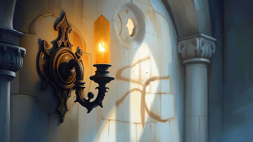  gothic sconce, casting shadows on stone walls, watercolor style, high quality, high details, hd, perfect composition, 4k epic detailed, highly detailed, sharp focus, high resolution