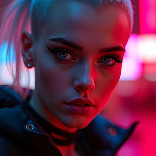  ultra realistic close up portrait ((beautiful pale cyberpunk female with heavy black eyeliner)), blue eyes, shaved side haircut, hyper detail, cinematic lighting, magic neon, dark red city, canon eos r3, nikon, f/1.4, iso 200, 1/160s, 8k, raw, unedited, symmetrical balance, in frame, 8k hyperrealistic, full body, detailed clothing, highly detailed, cinematic lighting, stunningly beautiful, intricate, sharp focus, f/1. 8, 85mm, (centered image composition), (professionally color graded), ((bright soft diffused light)), volumetric fog, trending on instagram, trending on tumblr, HDR 4K, 8K