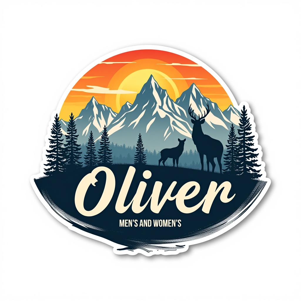  design a logo, design de sticker personnalisé sur un fond blanc isolé avec les mots audacieux ‘oliver’ sur un fond de chaîne de montagnes, et des silhouettes de pins au coucher du soleil, with the text 'men’s and women’s parfum’s '.