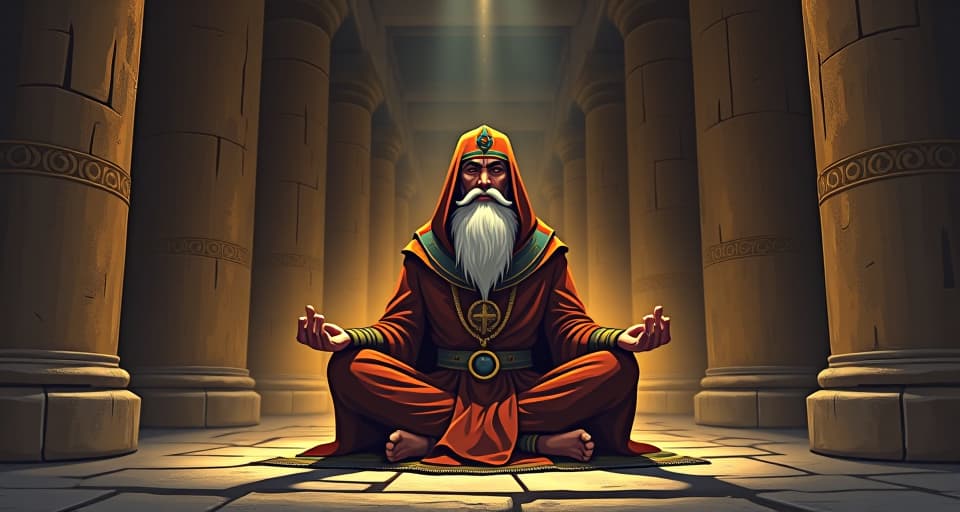  a wise elder in traditional garb, calmly meditating within a stone temple, ambient light filtering through cracks, symbolizing mindful presence. the style is digital art illustration / modern comic book / mysterious occult, symbolic, esoteric vibe,high detail on character design, incorporating ancient egyptian symbology and attire.