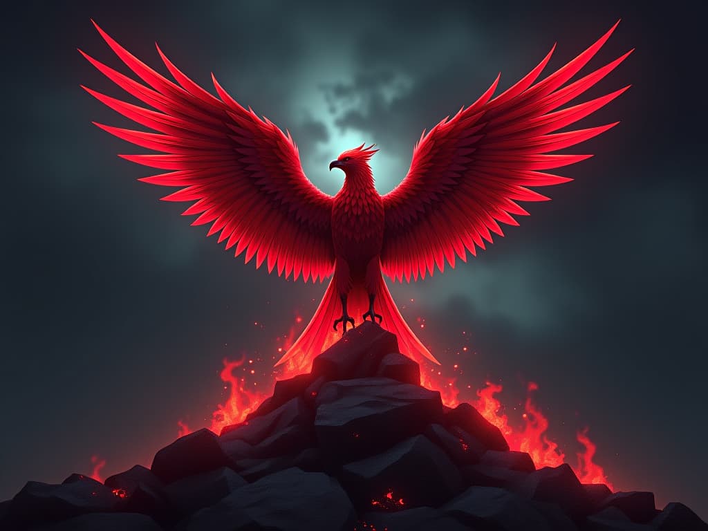  red phoenix rising from ashes, dark sky backdrop, symbol of transformation, dramatic and intense energy. the style is digital art illustration / modern comic book / graphic dark novel fantasy and mysterious occult, symbolic, moody lighting, esoteric vibe,high detail on character design. for the color scheme emphasize blacks and reds.