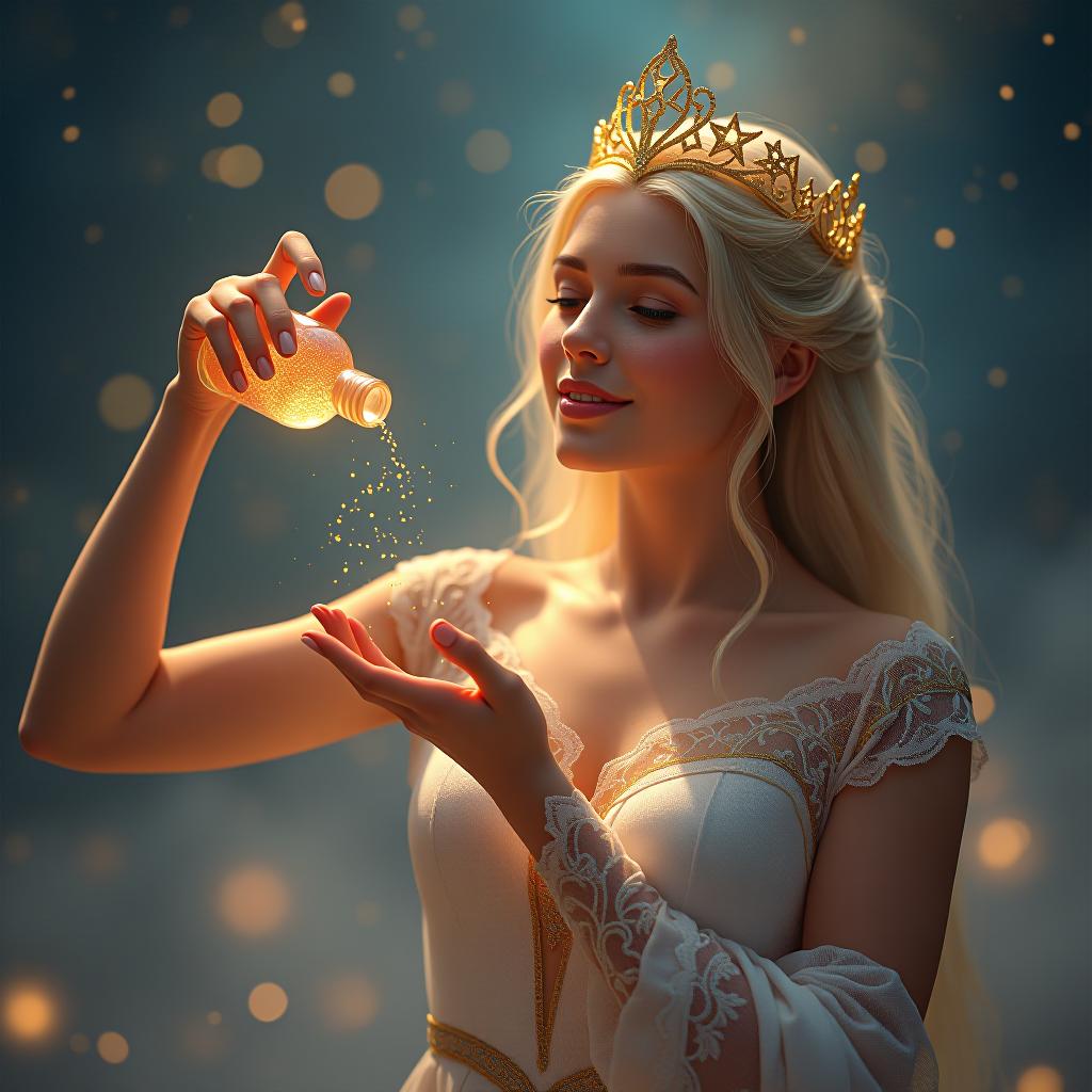  create a high quality, photorealistic image that vividly depicts the following scene: under a perpetual golden sky, stella, a radiant star with a gentle expression, pours a shimmering potion of stardust and moonbeam from an iridescent bottle. as she elegantly and with determination sprinkles it across her twinkling galaxy, the shimmer turns darkness into pockets of faux nightfall, her glimmering eyes reflecting the serene tranquility descending upon her world. the image should: focus on the specific actions, emotions, and elements described in the scene show detailed facial expressions and body language of any characters capture the exact mood and atmosphere of the moment include relevant background details hyperrealistic, full body, detailed clothing, highly detailed, cinematic lighting, stunningly beautiful, intricate, sharp focus, f/1. 8, 85mm, (centered image composition), (professionally color graded), ((bright soft diffused light)), volumetric fog, trending on instagram, trending on tumblr, HDR 4K, 8K