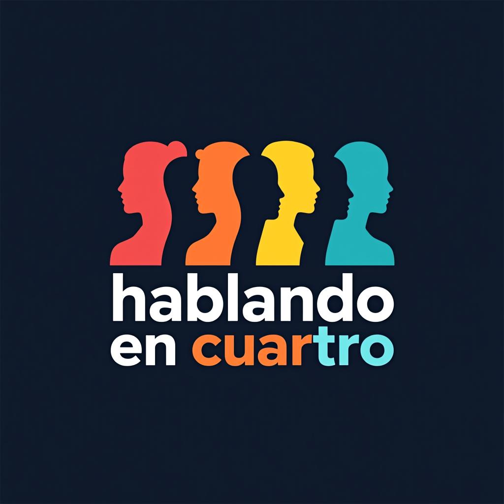  design a logo, multiple colors, four people podcast, with the text 'hablando en cuatro podcast'.