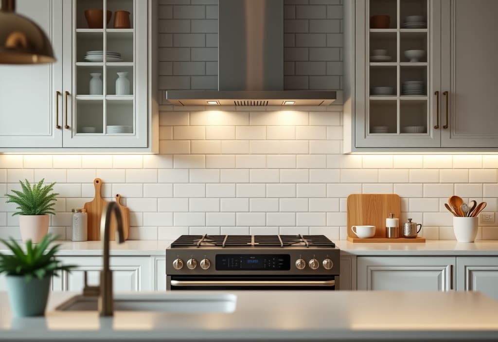  a landscape photo of a bright, airy kitchen featuring a crisp white subway tile backsplash with contrasting dark grout, extending from countertop to ceiling behind a modern range hood hyperrealistic, full body, detailed clothing, highly detailed, cinematic lighting, stunningly beautiful, intricate, sharp focus, f/1. 8, 85mm, (centered image composition), (professionally color graded), ((bright soft diffused light)), volumetric fog, trending on instagram, trending on tumblr, HDR 4K, 8K