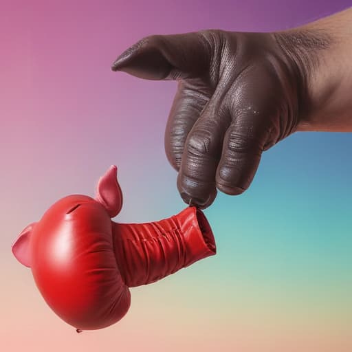 A human arm waering a boxing glove next to a pig in Surrealist style with Gradient background