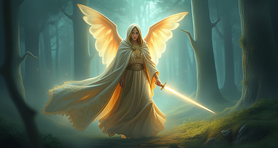  a divine, ethereal being, cloaked in glowing robes, wielding a shimmering blade of light. the background context is a magical forest clearing, symbolizing precise severance and intervention.. the style is digital art illustration,highly detailed, whimsical,magical, dreamlike atmosphere, realism and fantasy blend, smooth, glossy textures,luminous quality, wonder and enchantment.