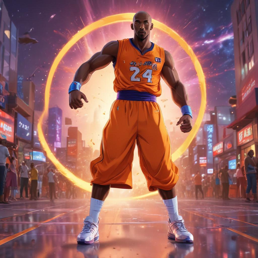 distance-shot, flashy, full-body, dynamic, holographic, animated cartoon poster of kobe scene in the style of dragon ball super