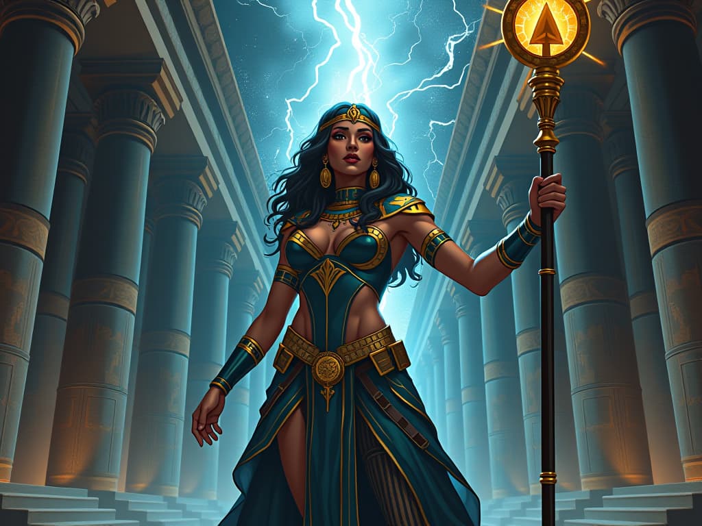  an ancient temple with glowing energy lines, a large busted priestess in detailed, tight armor holding a radiant staff, aligning the forces of the universe, symbolizing highest potential. the style is digital art illustration / modern comic book / mysterious occult, symbolic, esoteric vibe,high detail on character design, incorporating ancient egyptian symbology and attire.