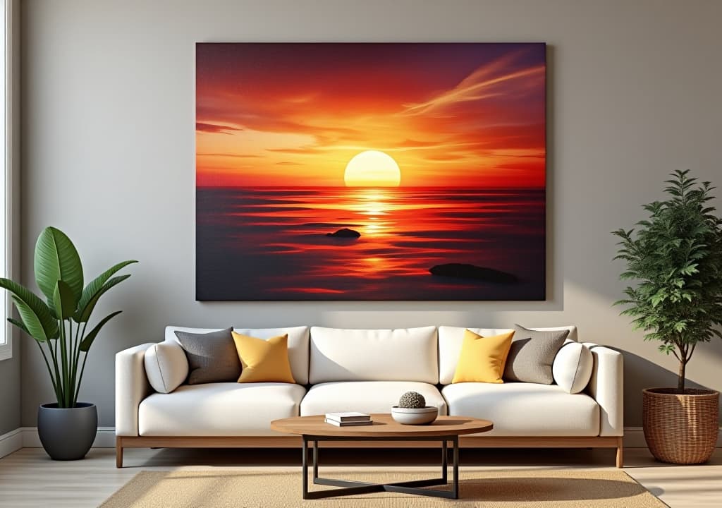  a large painting of a sunset hangs on a wall in a room