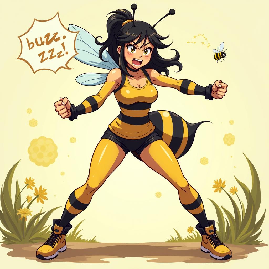  a fierce woman with bee characteristics stands boldly with her insect bee tail protruding outward. her legs are raised, arms outstretched, and hands clenched into tight fists. she has intense, serious eyes and an aggressive smile that reveals her frustration. her vibrant, anime style design is complemented by striking yellow and black stripes on her clothing. in the background, a whimsical hive scene flutters with energy, and she dramatically exclaims, "buzzzzzzz!" with a dynamic action pose.