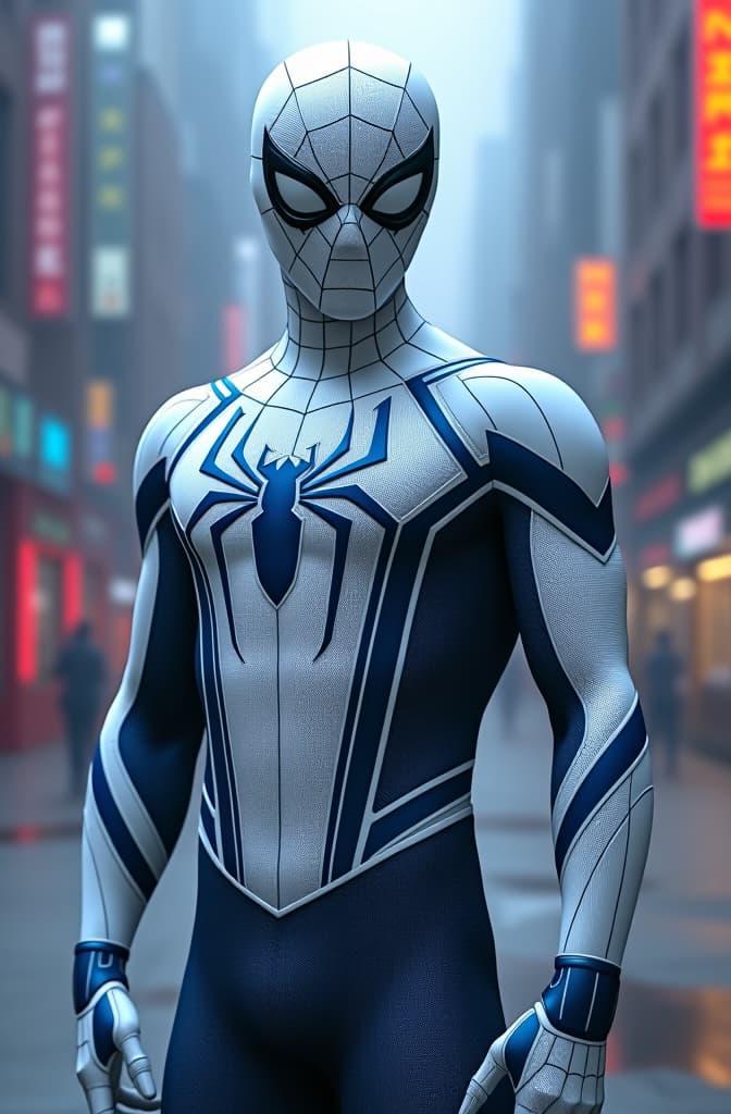  a white suited spiderman with blue accents slim body and mask on and you can see his legs too, spiderman, marvel comic panel, comic panel, manga and manhwa style panel, portrait, young person face, spiderverse style, style for marvel comic, anime comic panel style hyperrealistic, full body, detailed clothing, highly detailed, cinematic lighting, stunningly beautiful, intricate, sharp focus, f/1. 8, 85mm, (centered image composition), (professionally color graded), ((bright soft diffused light)), volumetric fog, trending on instagram, trending on tumblr, HDR 4K, 8K