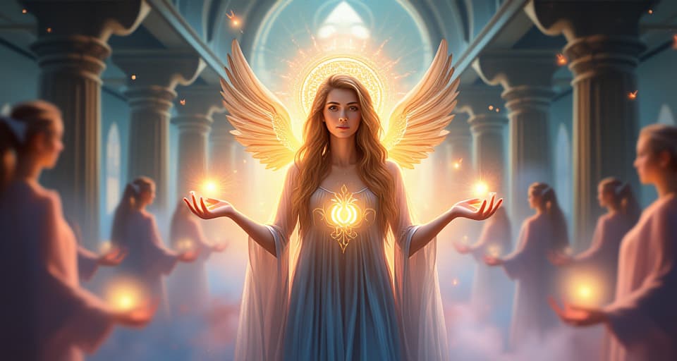  a radiant healer with glowing hands, creating a calming, bright aura in a room filled with ethereal, serene beings. calming, soothing.. the style is digital art illustration,highly detailed, whimsical,magical, dreamlike atmosphere, realism and fantasy blend, smooth, glossy textures,luminous quality, wonder and enchantment.