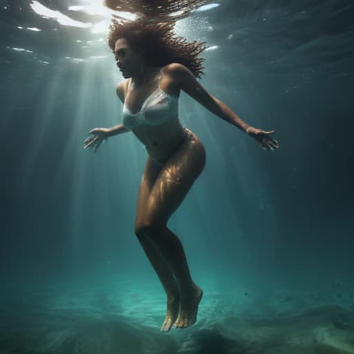 African woman in full growth going down underwater