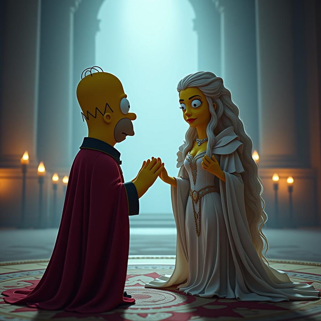  homer simpson worshipping daenerys targaryen hyperrealistic, full body, detailed clothing, highly detailed, cinematic lighting, stunningly beautiful, intricate, sharp focus, f/1. 8, 85mm, (centered image composition), (professionally color graded), ((bright soft diffused light)), volumetric fog, trending on instagram, trending on tumblr, HDR 4K, 8K