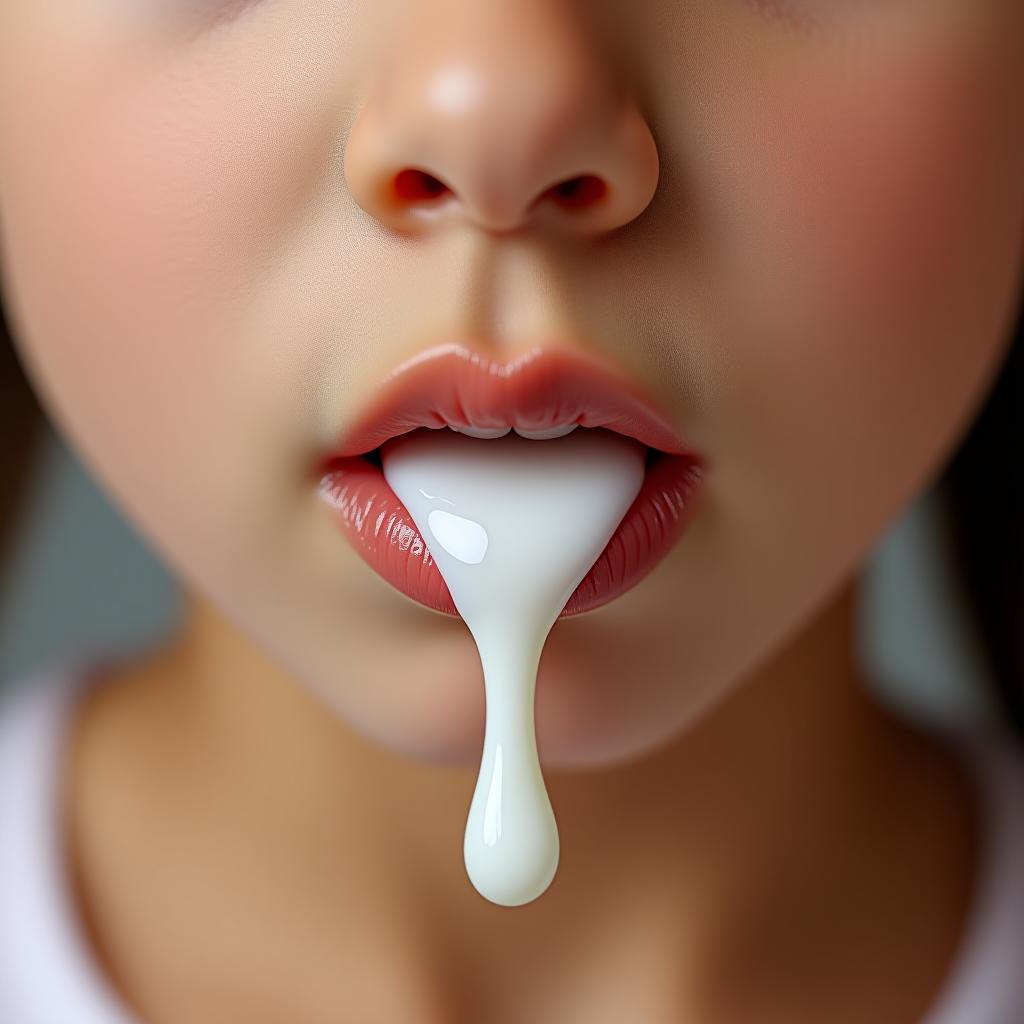  drops of milk are dripping down the girl's lips.