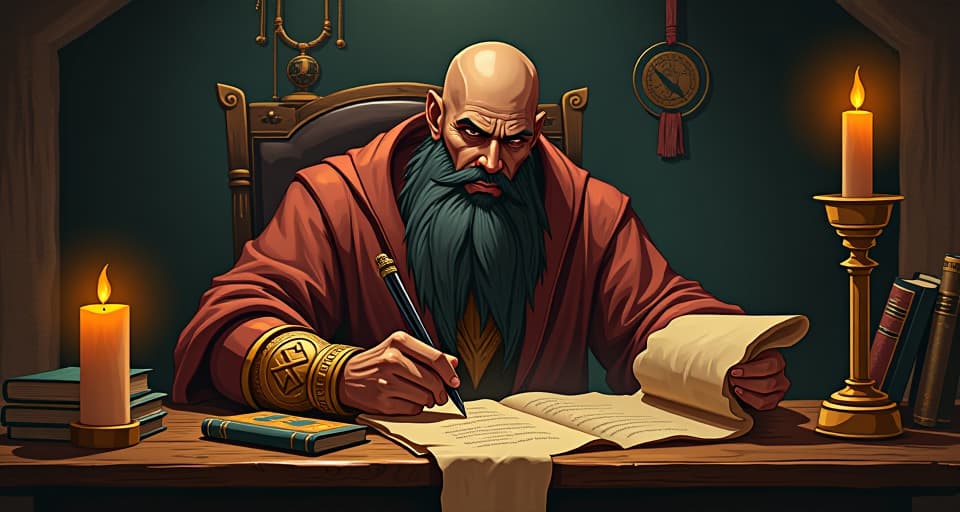  a large busted scholar in tight robes, sitting at an ancient wooden desk, writing fervently on a parchment scroll, books and candles around, symbolizing creating a written work filled with deep resonance. the style is digital art illustration / modern comic book / mysterious occult, symbolic, esoteric vibe,high detail on character design, incorporating ancient egyptian symbology and attire.