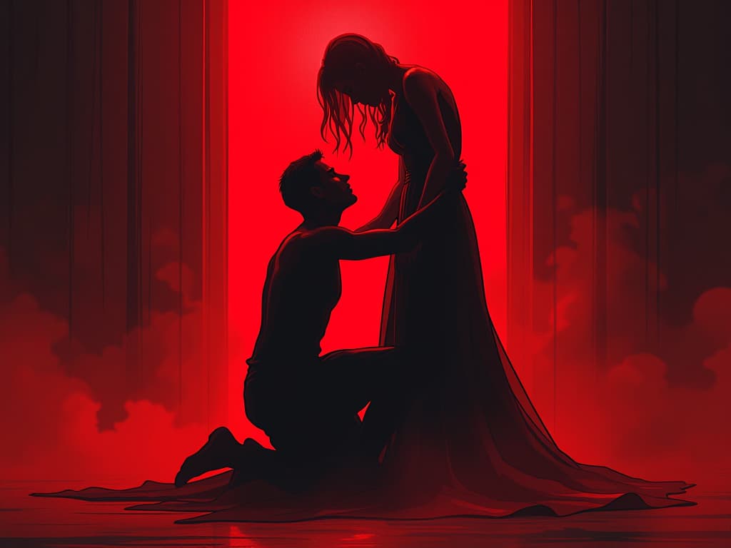  two figures in red, one kneeling, one lifting the other, warm light surrounding, mood of support and upliftment. the style is digital art illustration / modern comic book / graphic dark novel fantasy and mysterious occult, symbolic, moody lighting, esoteric vibe,high detail on character design. for the color scheme emphasize blacks and reds.