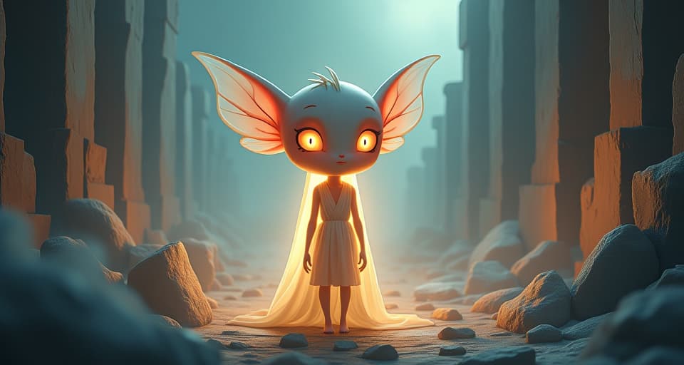  an ethereal being with perceptive, glowing eyes, standing amidst translucent ruins, light of awareness glowing softly. the style is digital art illustration,highly detailed, whimsical,magical, dreamlike atmosphere, realism and fantasy blend, smooth, glossy textures,luminous quality, wonder and enchantment.