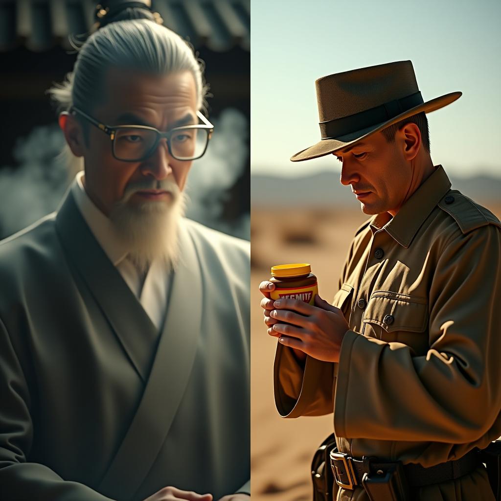  create a high quality, photorealistic image that vividly depicts the following scene: a meticulously divided tableau on the left, an age old qing dynasty courthouse, shadowed by a somber adjudicator hidden behind ancestral protective eyewear, his face obscured by the ghostly haze of smoky quartz. on the right is a cruel backdrop of the australian desert during the 1940s war era; a gallant serviceman fearlessly applies vegemite to his bare skin, his battle worn yet unyielding attire contrasting the harsh sunlight and menacing shadows. desired result is ultra realistic, densely detailed, with soft, ambient light for the courtroom and powerful desert rays for the outback. the period characters should be striking and vibrant in their res hyperrealistic, full body, detailed clothing, highly detailed, cinematic lighting, stunningly beautiful, intricate, sharp focus, f/1. 8, 85mm, (centered image composition), (professionally color graded), ((bright soft diffused light)), volumetric fog, trending on instagram, trending on tumblr, HDR 4K, 8K