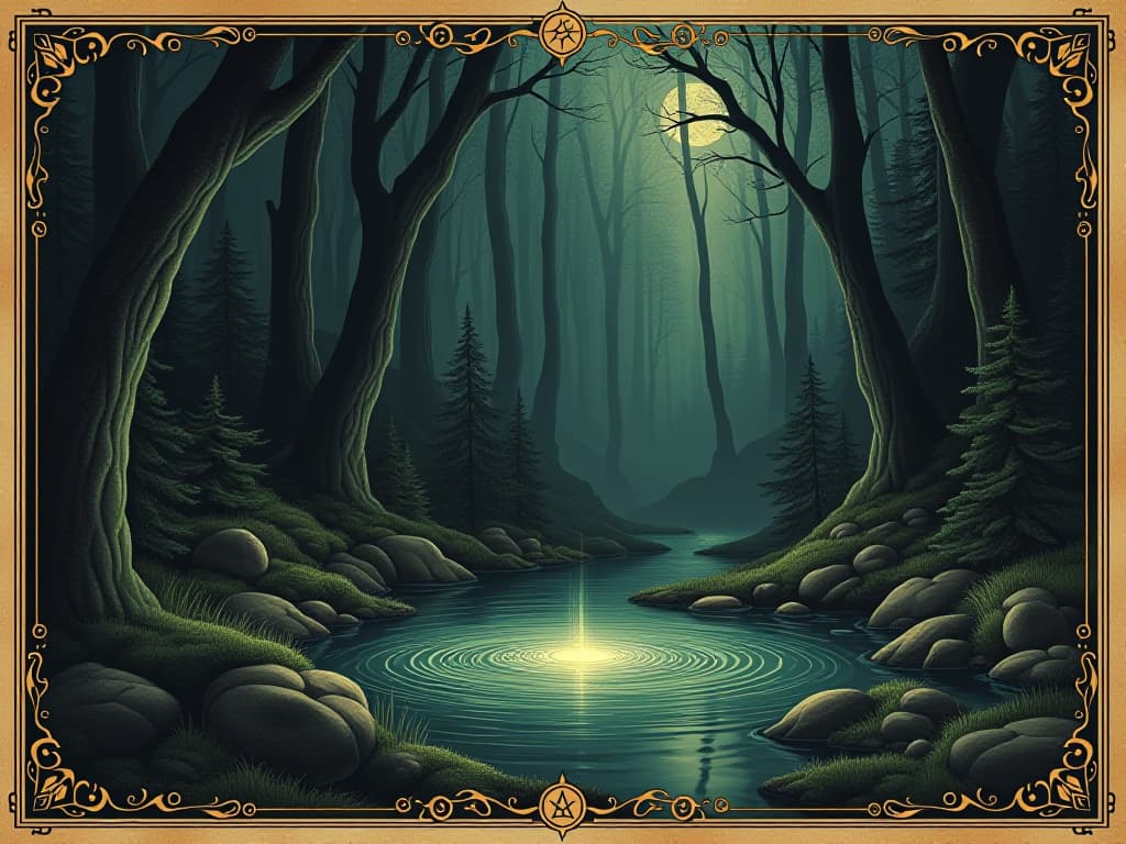  a mystical spring at the edge of a dark forest, waters glowing with unnatural light, surrounded by ancient runes and symbols, lifeforce essence infused, otherworldly, timeless yearning. an illustration in the style of a worn, mystical old tarot trump card, mysterious and elements of surrealism. the colors are muted, somber and eerie, but with contrast bring out an occult and esoteric vibe.