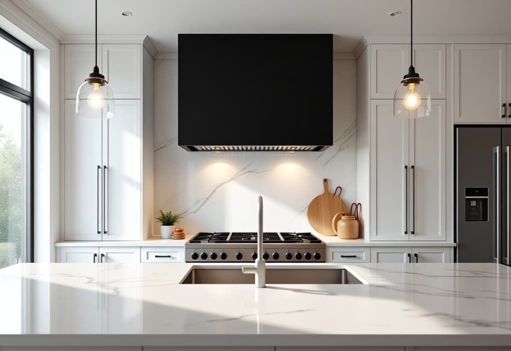  a landscape photo of a white kitchen with a dramatic black range hood, marble backsplash, and pendant lights, captured from a low angle to emphasize the ceiling height hyperrealistic, full body, detailed clothing, highly detailed, cinematic lighting, stunningly beautiful, intricate, sharp focus, f/1. 8, 85mm, (centered image composition), (professionally color graded), ((bright soft diffused light)), volumetric fog, trending on instagram, trending on tumblr, HDR 4K, 8K