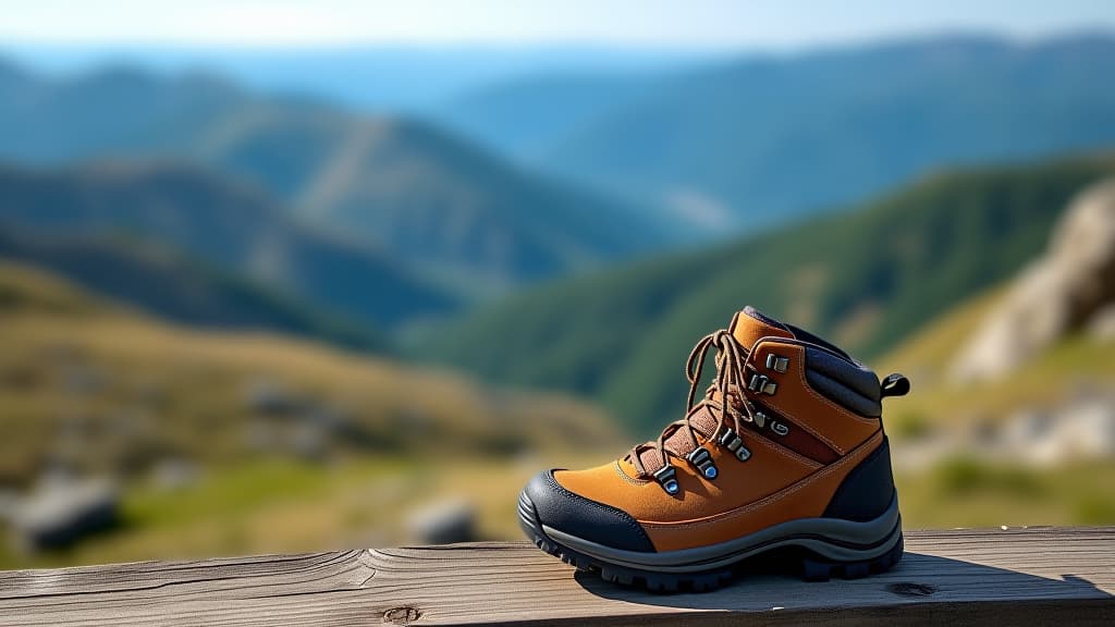  hiking boots placed on wooden overlook with mountain landscape background, hiking, travel, adventure, boots, footwear