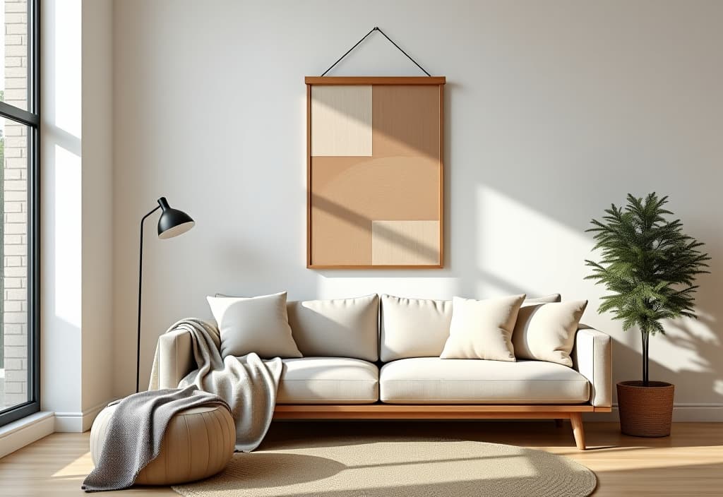  a landscape photo of a scandinavian inspired living room with a minimalist wooden wall hanging, featuring geometric shapes and clean lines, set against a crisp white wall hyperrealistic, full body, detailed clothing, highly detailed, cinematic lighting, stunningly beautiful, intricate, sharp focus, f/1. 8, 85mm, (centered image composition), (professionally color graded), ((bright soft diffused light)), volumetric fog, trending on instagram, trending on tumblr, HDR 4K, 8K