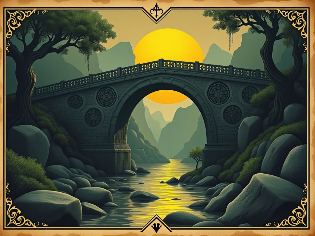  a grand, stone bridge with intricate carvings, soft golden light illuminating, lush landscape around, atmosphere of respect and acceptance. an illustration in the style of a worn, mystical old tarot trump card, mysterious and elements of surrealism. the colors are muted, somber and eerie, but with contrast bring out an occult and esoteric vibe.