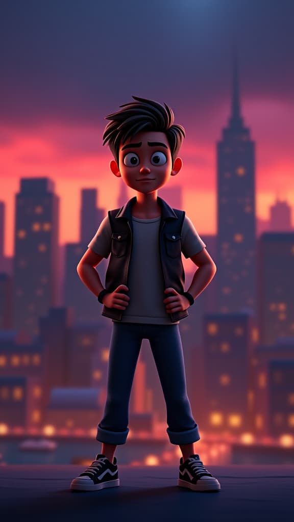  pixar style 3d animation, young man standing determinedly, dark city skyline background, dynamic lighting, vibrant colors, detailed textures