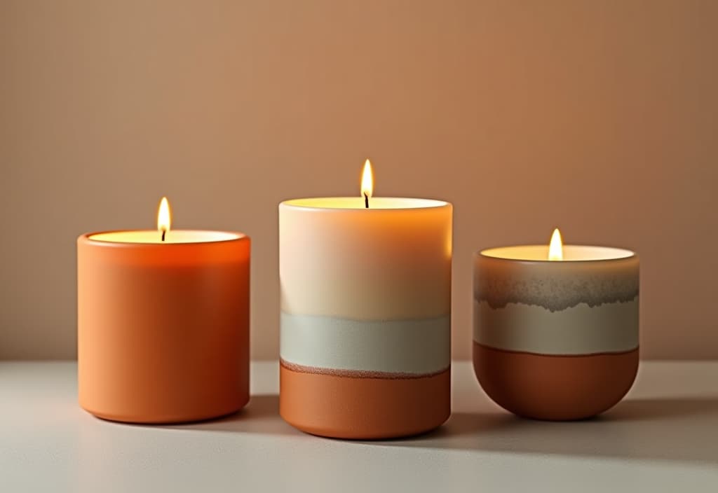  modern ceramic candle, warm colour tones, set of 3, decor piece, terrakotta, photorealistic, high detailed, simple background