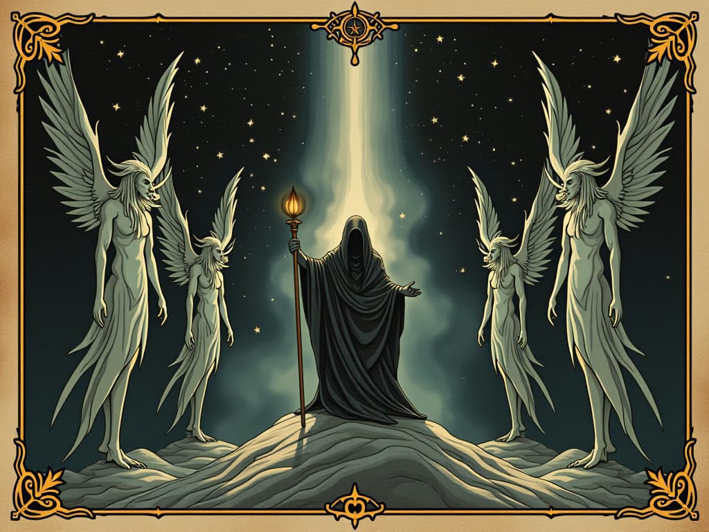  celestial beings with elongated forms, swirling around a determined figure holding a staff, starry night sky, gentle light emanating from figures, guiding and empowering presence. an illustration in the style of a worn, mystical old tarot trump card, mysterious and elements of surrealism. the colors are muted, somber and eerie, but with contrast bring out an occult and esoteric vibe.