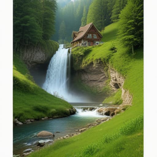 my dream house is a mountain waterfall, green meadows, forest, cows grazing