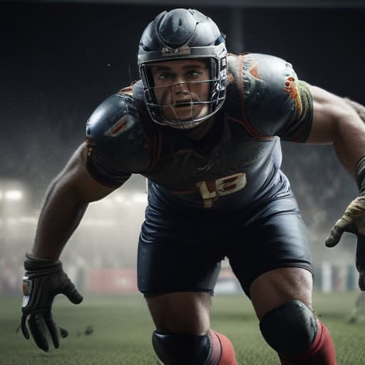 An image of a rugby player wearing (((high-impact))) protective gear, in uniform, looking determined on the field, tackling, dynamic lighting, detailed, realistic.