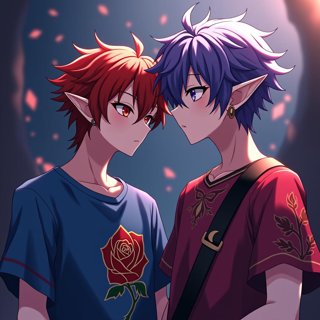  anime artwork a dark elf rock performer is a young man performing in front of his younger brother. the younger brother of a young man appears in the form of a dark elf with cherry colored hair and amber eyes, dressed in a blue t shirt with a pattern in the form of a golden rose with a scarlet bud. the appearance of the older brother: a dark elf is a young man with marble white skin, purple hair with a scarlet tint, pointed tips of ears, lavender eyes with a red tint, dressed in a red purple shirt embroidered with red gold, embroidery on the shirt is made in the form of plant stems, hairstyle in the style of disheveled hair. an earring in the right ear in the shape of a crescent with teeth inside. the tattoo in the form of a crescent with hyperrealistic, full body, detailed clothing, highly detailed, cinematic lighting, stunningly beautiful, intricate, sharp focus, f/1. 8, 85mm, (centered image composition), (professionally color graded), ((bright soft diffused light)), volumetric fog, trending on instagram, trending on tumblr, HDR 4K, 8K