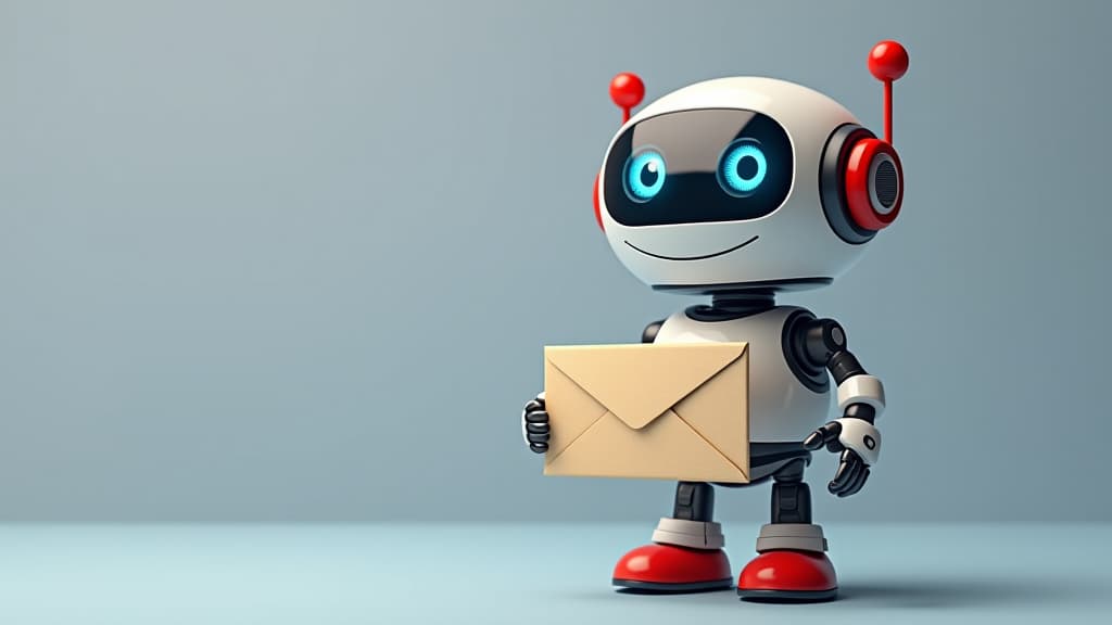  cute robot toy with envelope in hand. concept of virtual e mail marketing service, email database, newsletter, virtual help