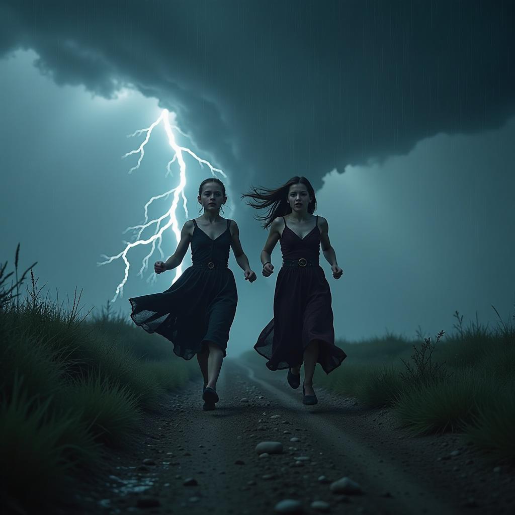  two young vampires in dresses in the middle of the steppe run away in fear, heavy rain, lightning, a huge tornado of the highest category, professional photo, 4k, high resolution, high detail