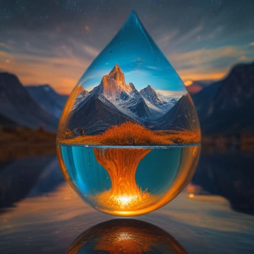 An image of earth within a droplet of fire falling through the air into water in Van Gogh style with Mountains background