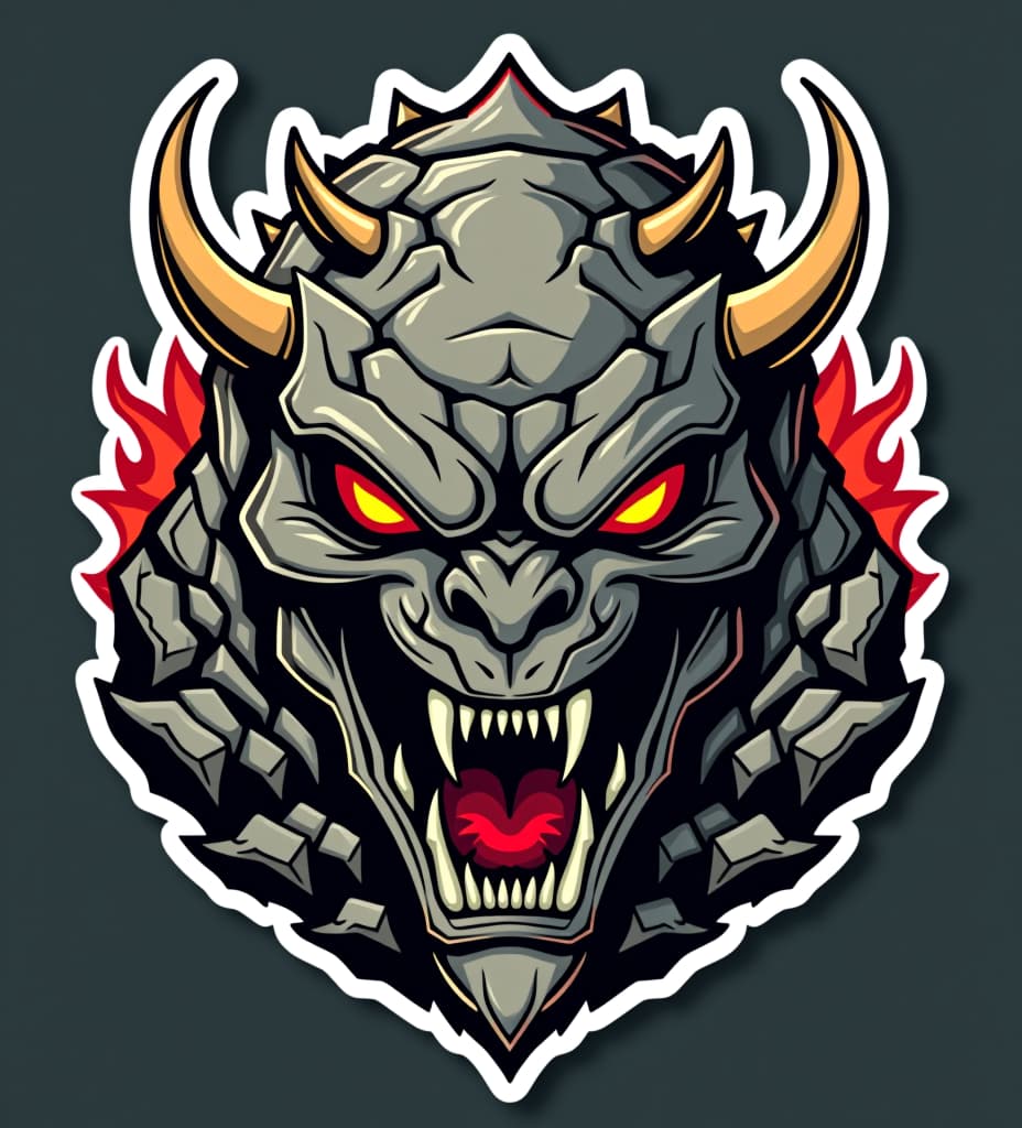  vector art stickers, the doomsday monster’s head, designed as a bust, features a broad, muscular structure with angular, intimidating features. its large, glowing red eyes create a piercing, predatory gaze. the wide, menacing grin reveals sharp, jagged teeth, adding to its fearsome appearance. the flat, broad nose and rock textured skin, marked by cracks, contribute to its battle worn, apocalyptic look. instead of horns, the head is adorned with multiple curved spikes that enhance its monstrous aspect. flames or energy effects around the head, combined with dramatic shading and highlights, give the creature a dynamic and powerful presence., professional vector design, sticker designs, sticker sheet