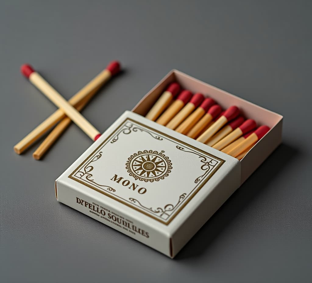  open matchbox full of matches lying on gray background