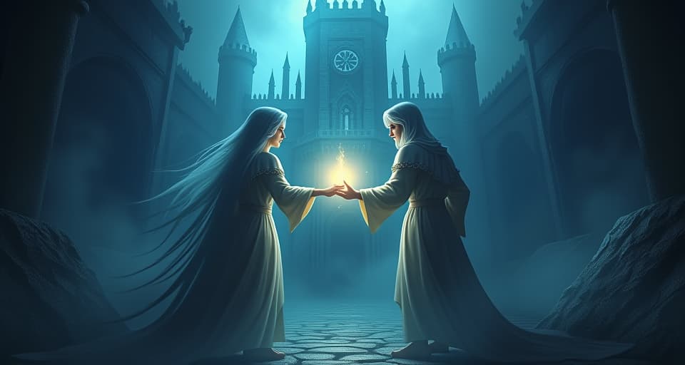  a dark, enchanted fortress trembling in the presence of two ethereal warriors, their hands intertwined and glowing with unbreakable light. the atmosphere is filled with fear and awe as the light from their bond dispels shadows and reveals their undeniable power.. the style is digital art illustration,highly detailed, whimsical,magical, dreamlike atmosphere, realism and fantasy blend, smooth, glossy textures,luminous quality, wonder and enchantment.