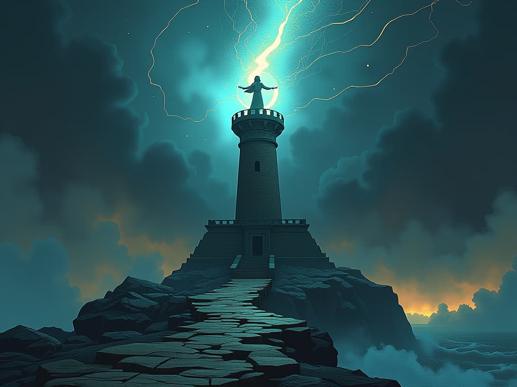  beacon atop an ancient egyptian lighthouse, unwavering light piercing through a cataclysmic storm, symbolizing guidance and hope amid chaos. the style is digital art illustration / modern comic book / mysterious occult, symbolic, esoteric vibe,high detail on character design, incorporating ancient egyptian symbology and attire.