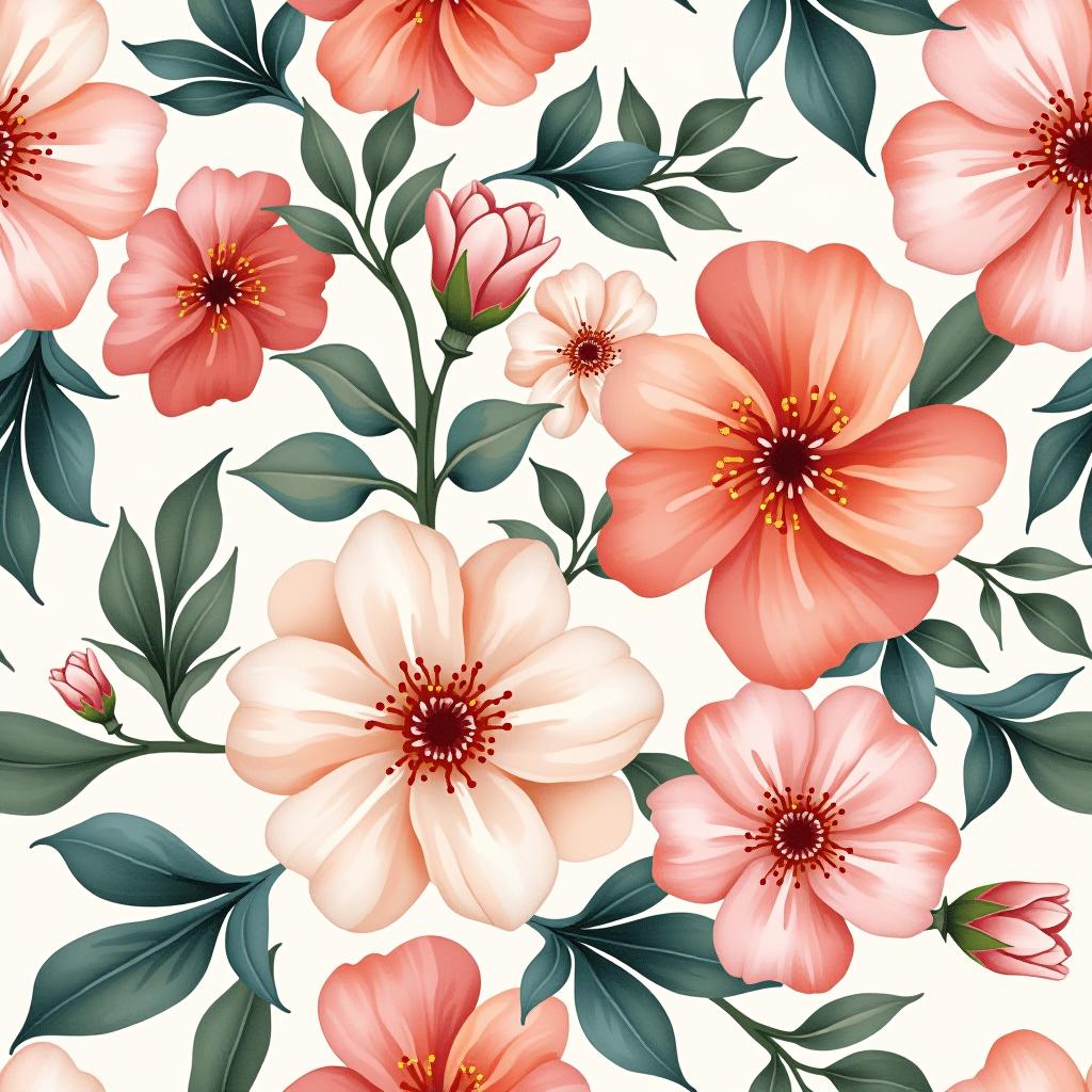  create a seamless digital design featuring a pattern of large, beautiful flowers with soft, watercolor like effects. the flowers should cover the entire surface, creating a bold, elegant, and continuous look. the overall style should be light and airy, with delicate leaves and petals to enhance the natural, floral theme. the design should be seamless to ensure it can be used in repeating patterns or wraps.