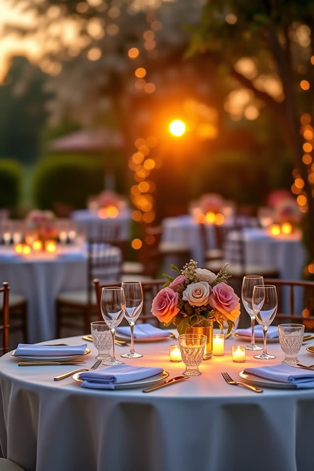  a luxurious outdoor wedding setup at sunset, featuring elegantly decorated tables with white linens, golden cutlery, and floral centerpieces in pastel colors. the background showcases a serene garden with fairy lights hanging from trees, creating a romantic and enchanting atmosphere. the image should have a warm, golden glow, capturing the essence of a perfect evening event. the style should be high end and sophisticated, with a focus on elegance and attention to detail.ensure all images are clear, detailed, contains no text and no deformities. realistic, highly detailed, photorealistic, cinematic lighting, intricate, sharp focus, f/1.8, 85mm, (centered image composition), (professionally color graded), ((bright soft diffused light)), hdr 4