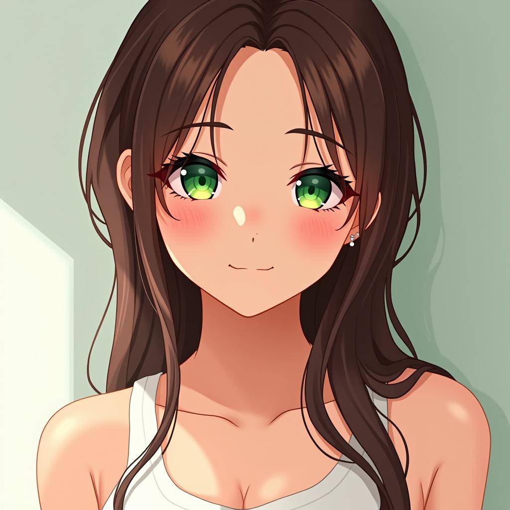  an illustration of a woman with green eyes and brown hair in a white tank top, cgsociety, kawaii realistic portrait, realistic cute girl painting, cute anime girl portrait, anime character portrait, beautiful anime portrait, anime girl portrait, beautiful character painting