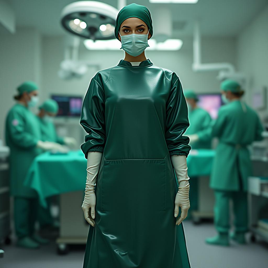  one standing, full length, front view, full face, angelina jolie's face against the background of the operating room, the operating room nurse is dressed in a knee length surgical gown, with long sleeves, with cuffs, and waistband, made of glossy latex of dark green color, on her head a surgeon's beret, made of glossy latex of dark green color, on her face a surgical mask, made of glossy latex of dark green color, on her legs trousers, made of glossy latex of dark green color, high surgical protective covers shoes pulled over the trousers, knee high, on a flat sole, without heels, for work in the operating room, made of glossy latex of dark green color, surgical gloves, made of glossy latex of dark green color