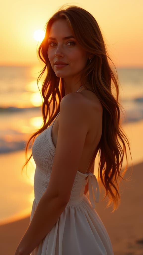  a stunning woman exudes confidence, with long flowing hair cascading down her back. her fair skin glows softly against the warm, golden background of a serene sunset. she has an elegant stance, emphasizing her graceful waist and hips. the scene captures her in a tasteful and artistic manner, highlighting her natural beauty and charm in a dreamlike, ethereal setting.