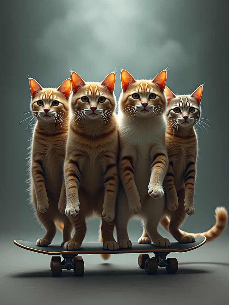  a painting, four cats in athletic form, skate, gym, like me, anim hyperrealistic, full body, detailed clothing, highly detailed, cinematic lighting, stunningly beautiful, intricate, sharp focus, f/1. 8, 85mm, (centered image composition), (professionally color graded), ((bright soft diffused light)), volumetric fog, trending on instagram, trending on tumblr, HDR 4K, 8K